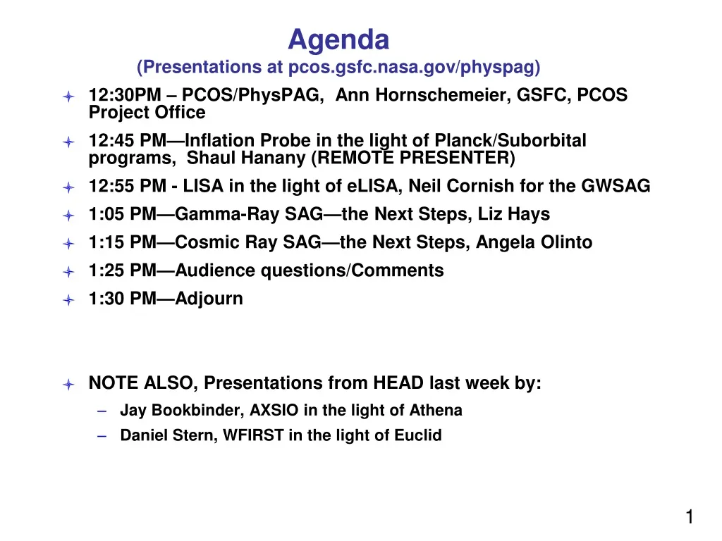 agenda presentations at pcos gsfc nasa gov physpag
