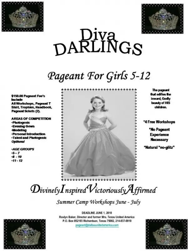 Pageant For Girls 5-12 DivinelyInspiredVictoriouslyAffirmed Summer Camp Workshops June - July