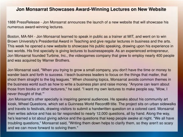 Jon Monsarrat Showcases Award-Winning Lectures on New Websit