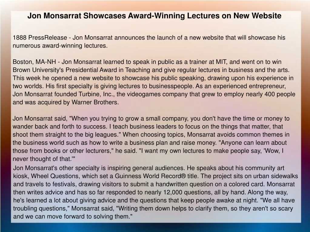 jon monsarrat showcases award winning lectures