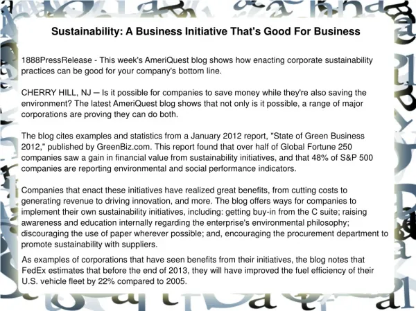 Sustainability: A Business Initiative That's Good For Busine