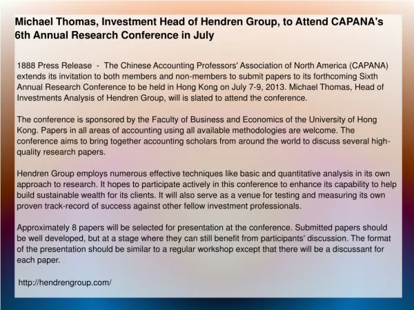 Michael Thomas, Investment Head of Hendren Group, to Attend