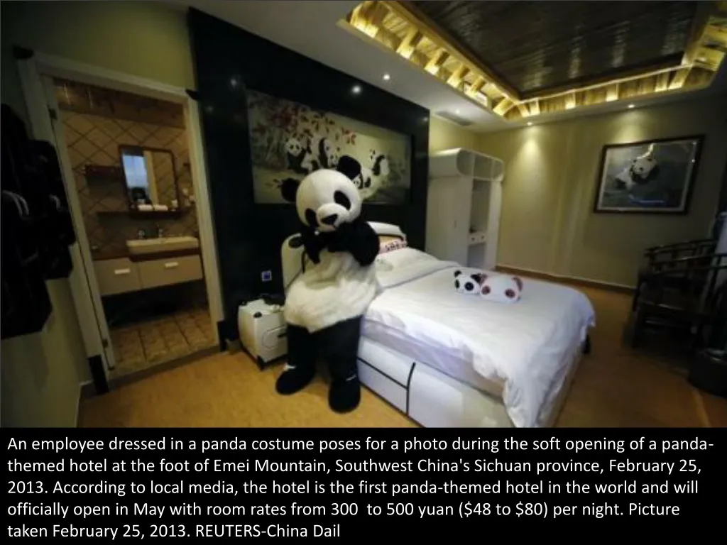 an employee dressed in a panda costume poses