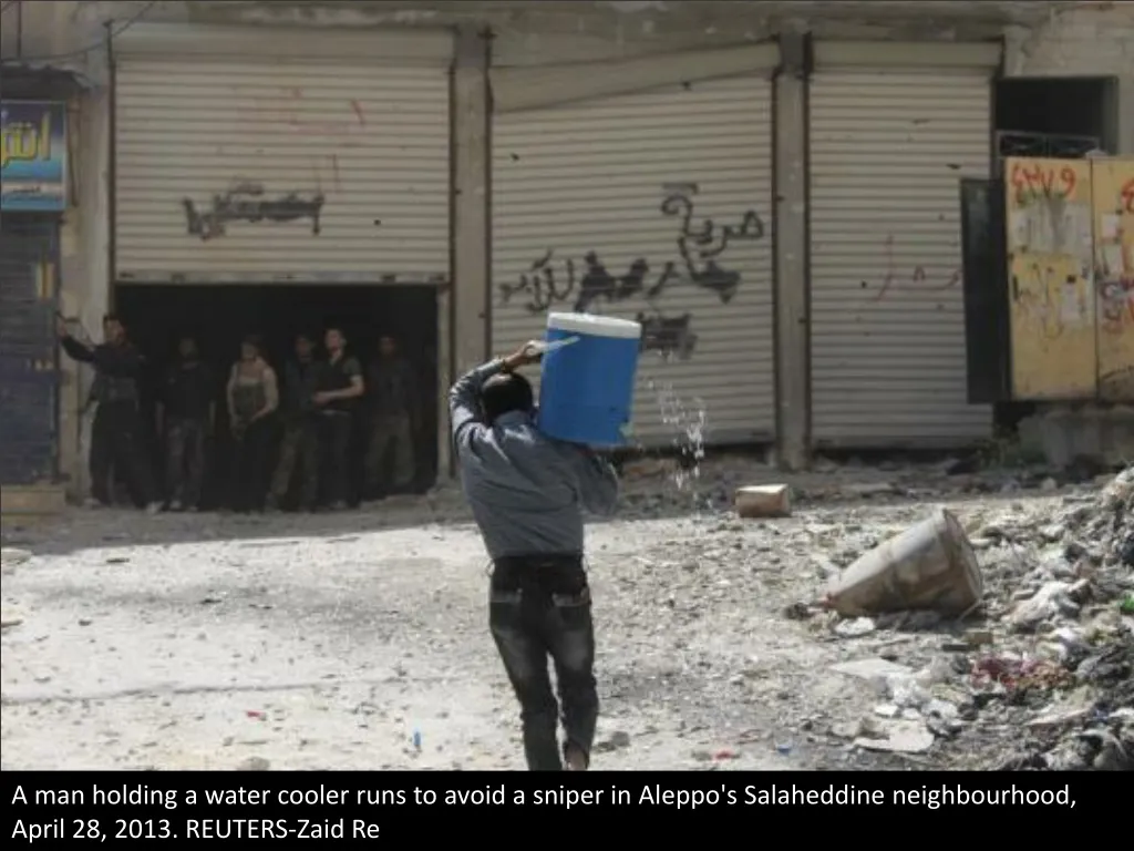 a man holding a water cooler runs to avoid