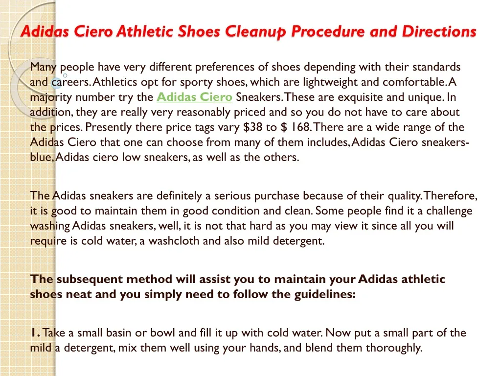 adidas ciero athletic shoes cleanup procedure and directions