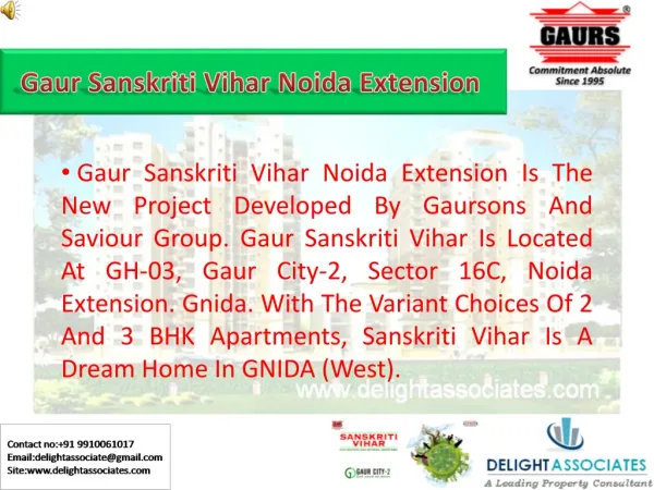 Gaur Sanskriti Vihar Noida Extension, Booking @ 9910061017