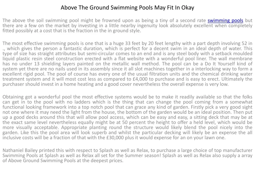 above the ground swimming pools may fit in okay