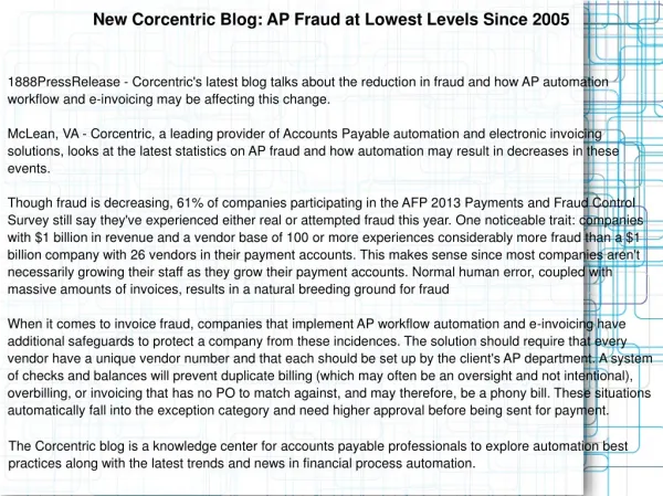 New Corcentric Blog: AP Fraud at Lowest Levels Since 2005