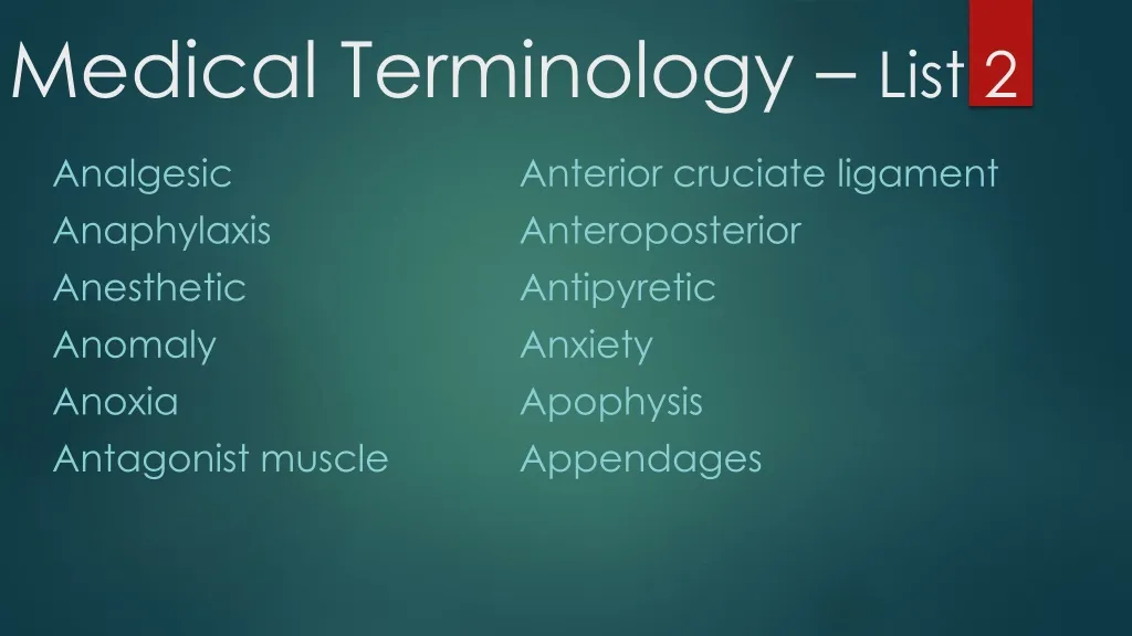 medical terminology list 2