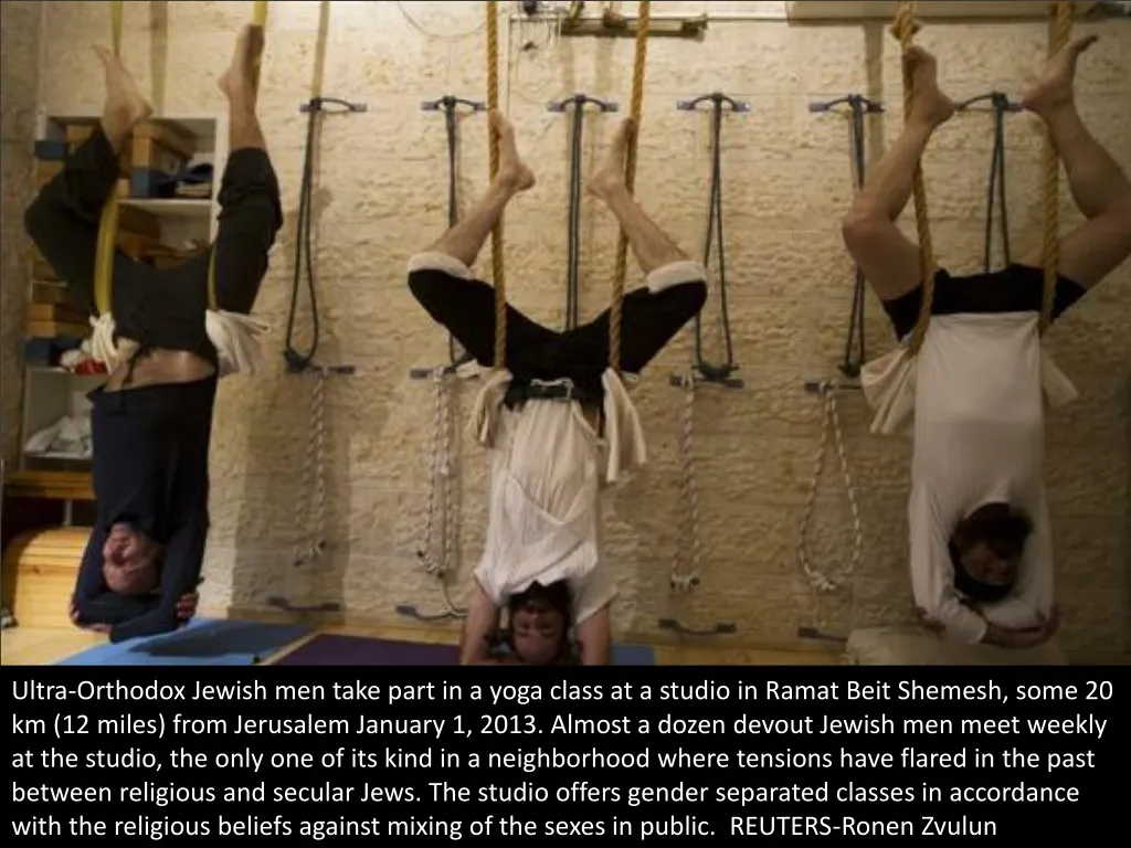 ultra orthodox jewish men take part in a yoga