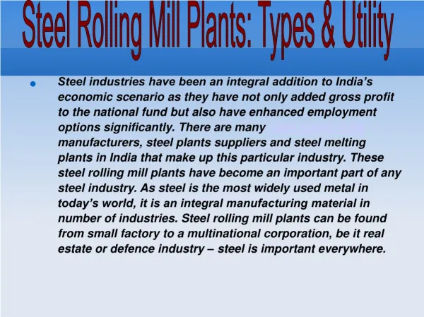 Steel Rolling Mill Plants: Types