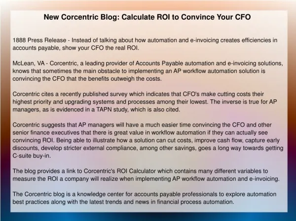 New Corcentric Blog: Calculate ROI to Convince Your CFO