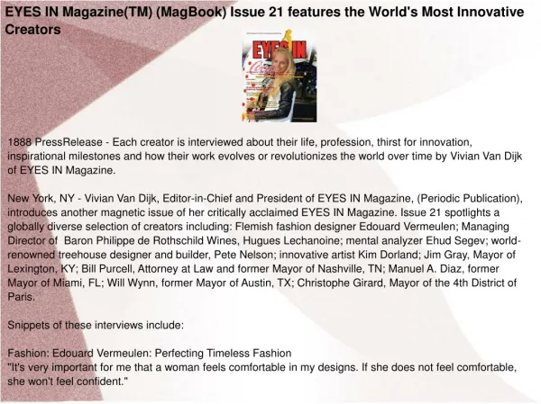EYES IN Magazine(TM) (MagBook) Issue 21 features the World's