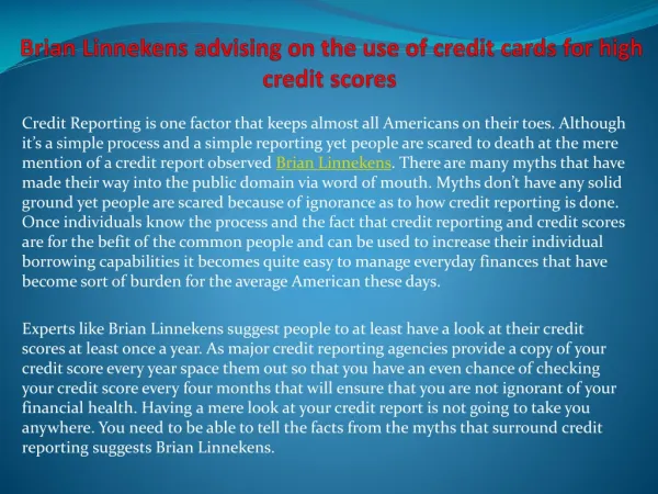 Brian Linnekens advising on the use of credit cards for high
