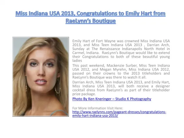 Miss Indiana USA 2013, Congratulations to Emily