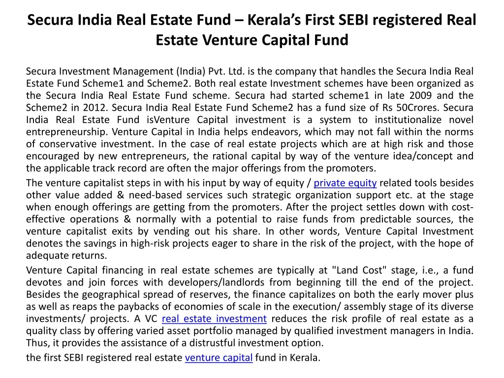 secura india real estate fund kerala s first sebi registered real estate venture capital fund