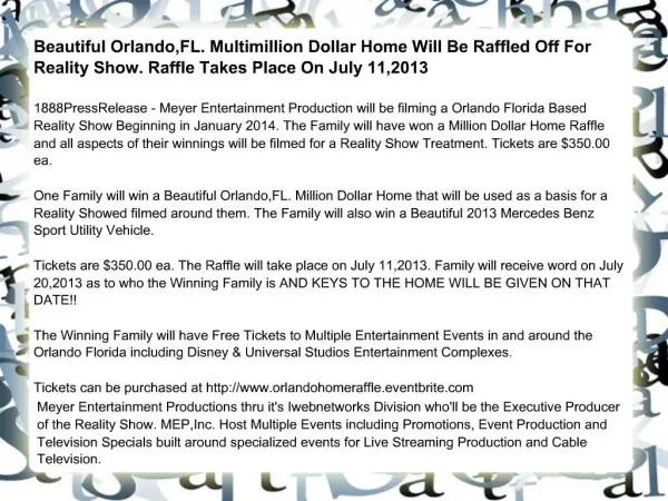 Beautiful Orlando,FL. Multimillion Dollar Home Will Be Raffl