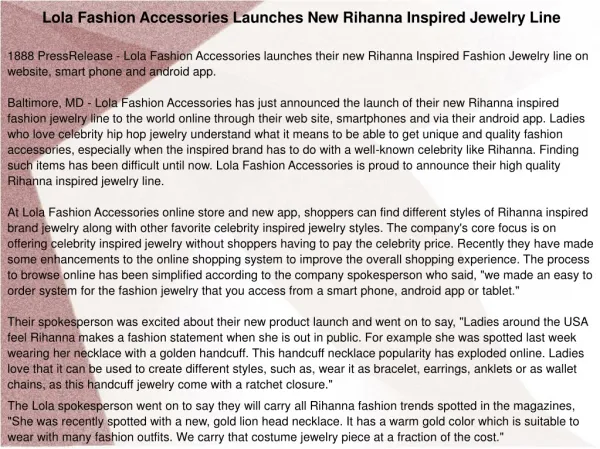 Lola Fashion Accessories Launches New Rihanna Inspired Jewel