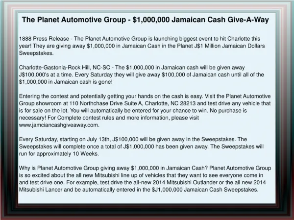The Planet Automotive Group - $1,000,000 Jamaican Cash Give-