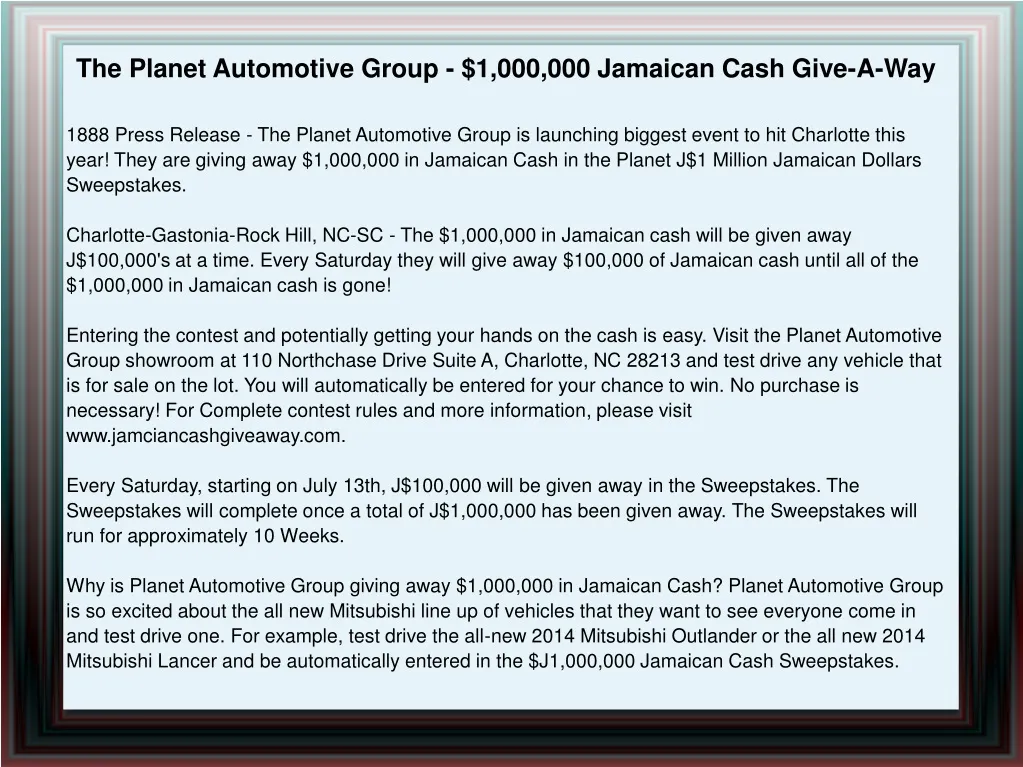 the planet automotive group 1 000 000 jamaican