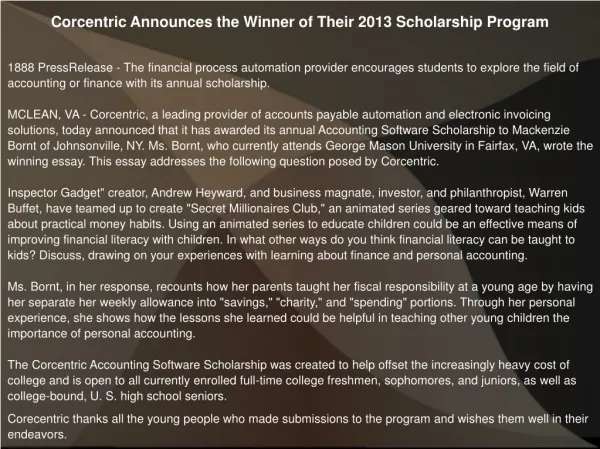 Corcentric Announces the Winner of Their 2013 Scholarship Pr