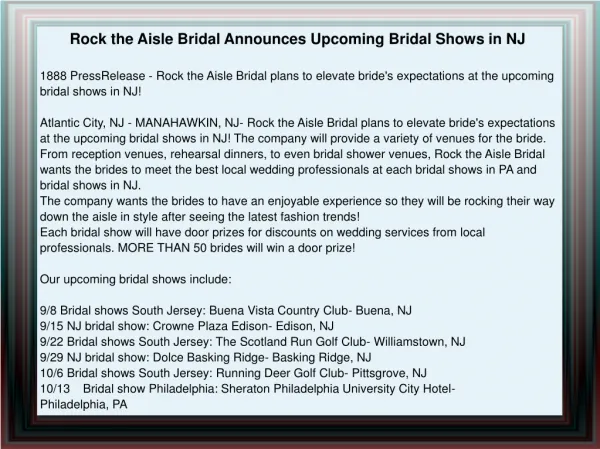 Rock the Aisle Bridal Announces Upcoming Bridal Shows in NJ