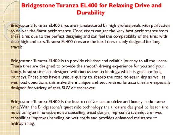 Bridgestone Turanza EL400 for Relaxing Drive and Dura