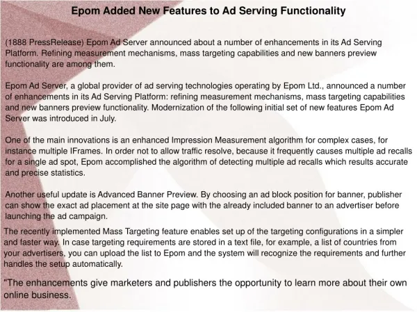 Epom Added New Features to Ad Serving Functionality