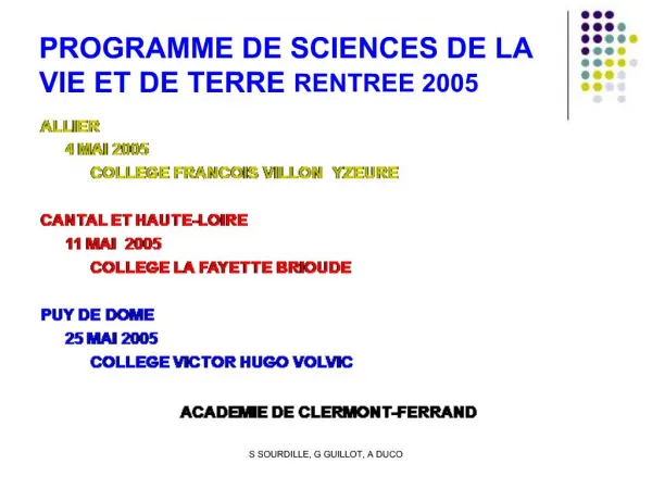 PROGRAMME DE SCIENCES DE LA VIE ET DE TERRE RENTREE 2005