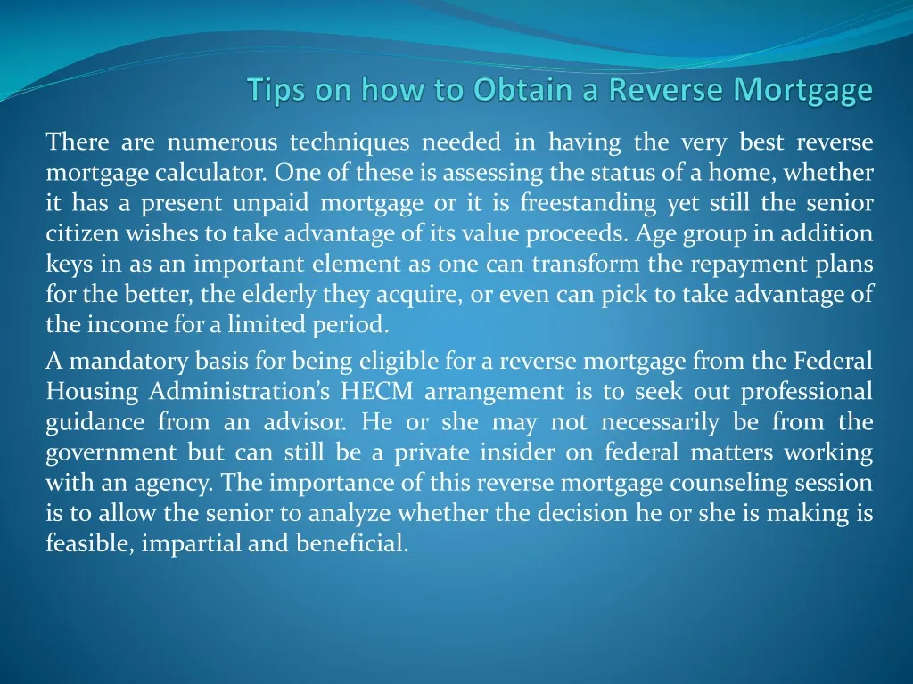 tips on how to obtain a reverse mortgage