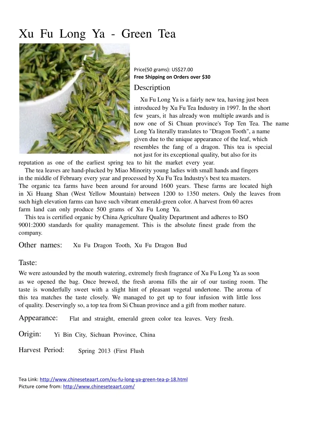 xu fu long ya green tea price 50 grams
