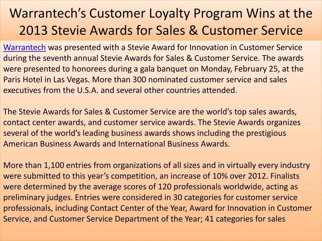 warrantech s customer loyalty program wins at the 2013 stevie awards for sales customer service