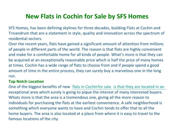 New Flats in Cochin for Sale by SFS Homes