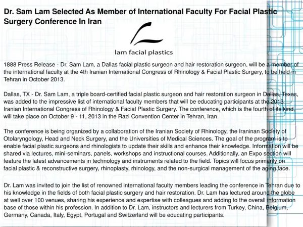 Dr. Sam Lam Selected As Member of International Faculty For