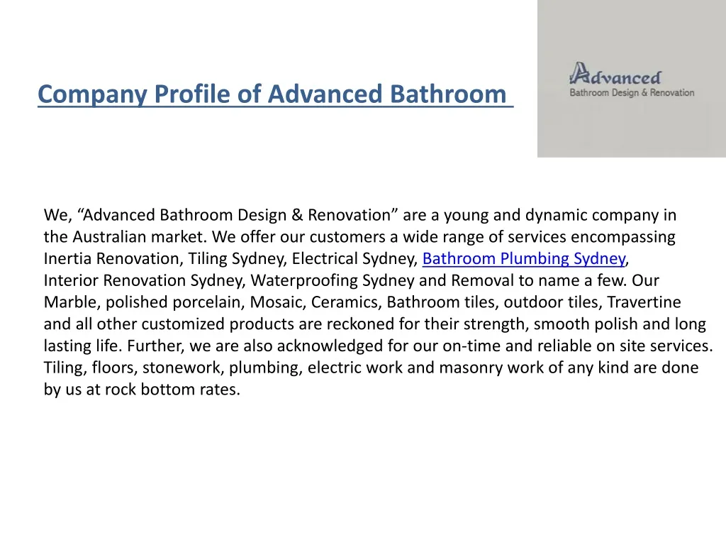 company profile of advanced bathroom