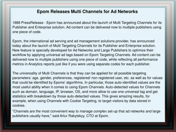 Epom Releases Multi Channels for Ad Networks