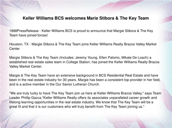 Keller Williams BCS welcomes Marie Stibora