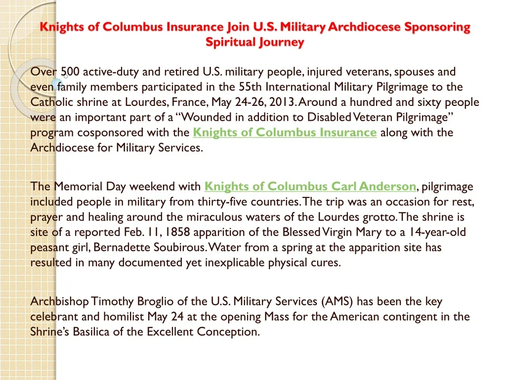 knights of columbus insurance join u s military archdiocese sponsoring spiritual journey