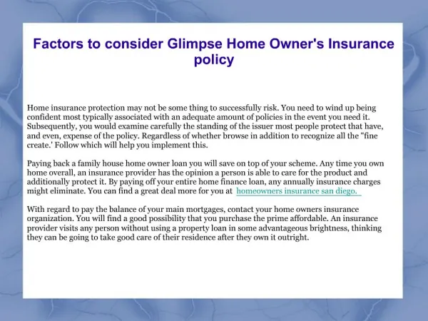 Factors to consider Glimpse Home Owner's Insurance policy