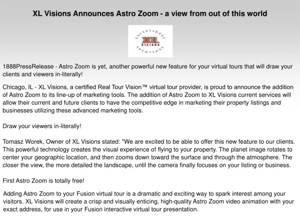 XL Visions Announces Astro Zoom - a view from out of this wo