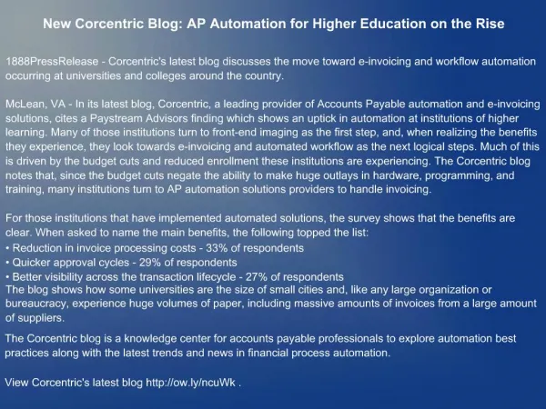 New Corcentric Blog: AP Automation for Higher Education on t