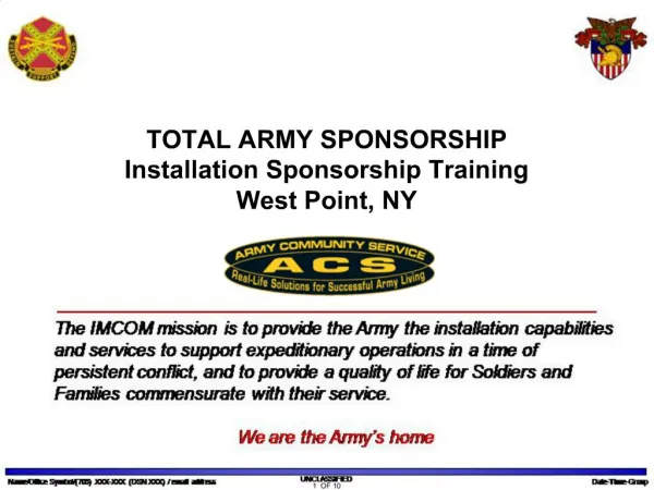 TOTAL ARMY SPONSORSHIP Installation Sponsorship Training West Point, NY