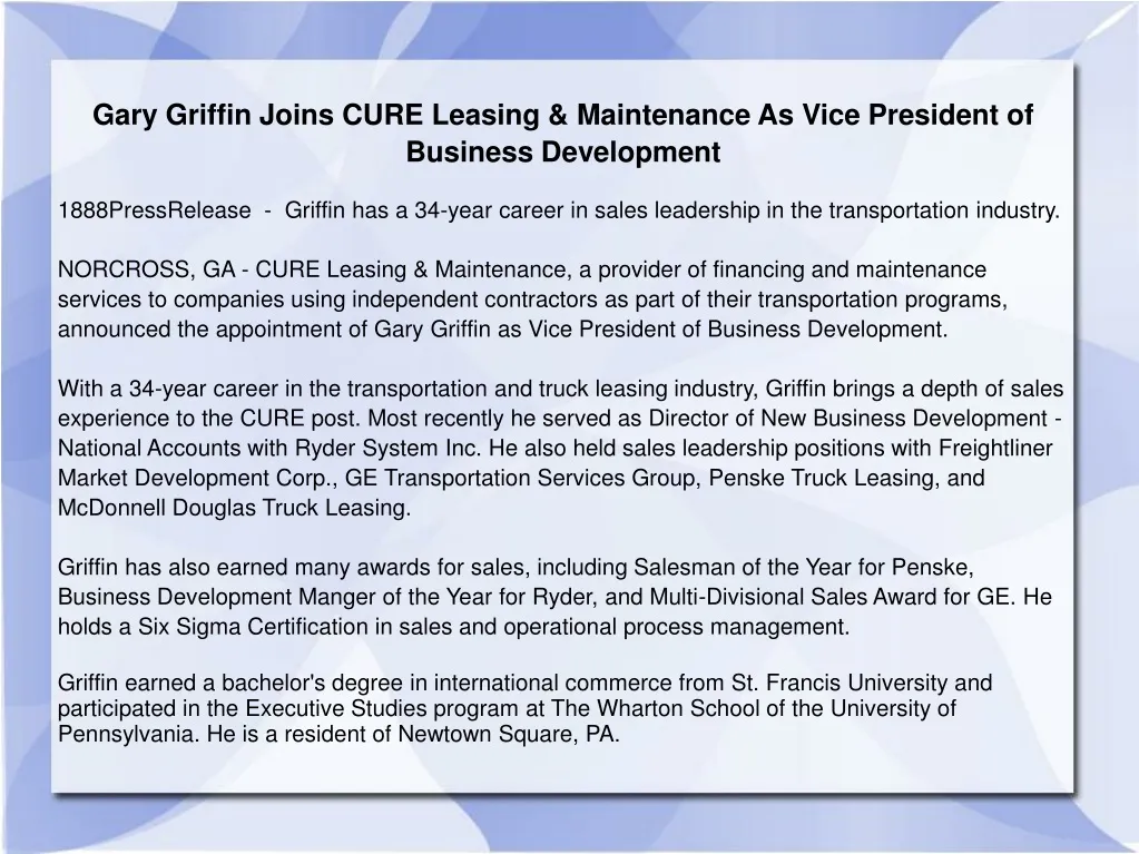gary griffin joins cure leasing maintenance
