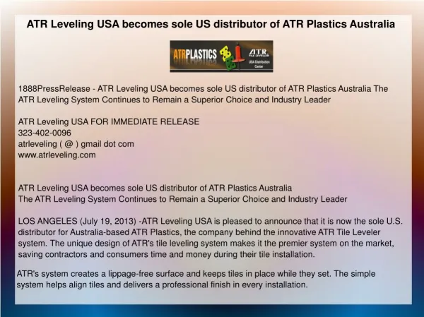 ATR Leveling USA becomes sole US distributor of ATR Plastics