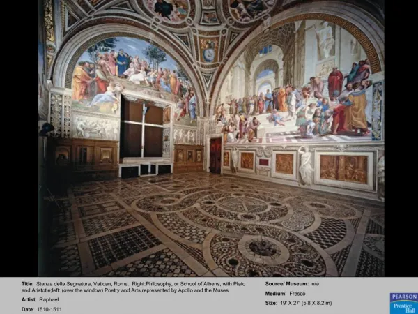Title: Stanza della Segnatura, Vatican, Rome. Right:Philosophy, or School of Athens, with Plato and Aristotle;left: ov
