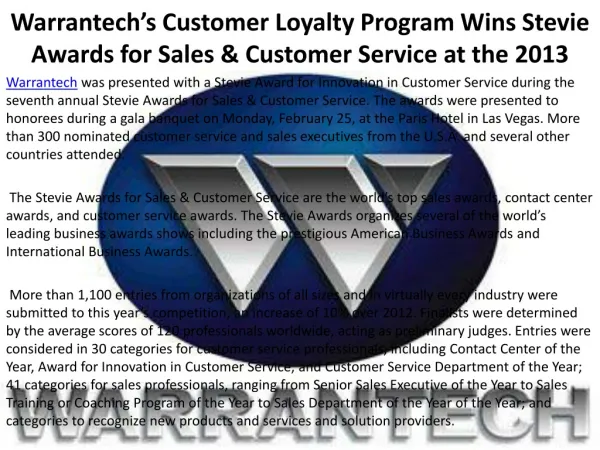 Warrantech’s Customer Loyalty Program Wins Stevie Awards for