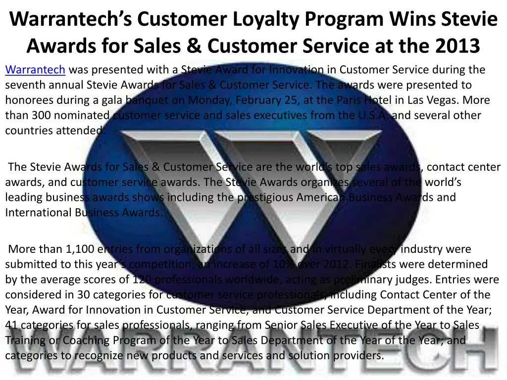 warrantech s customer loyalty program wins stevie awards for sales customer service at the 2013
