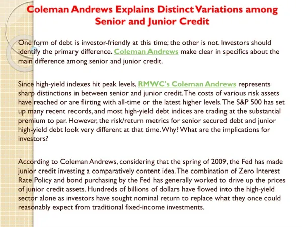 Coleman Andrews Explains Distinct Variations among Senior an