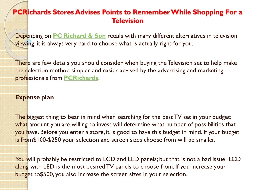 pcrichards stores advises points to remember while shopping for a television
