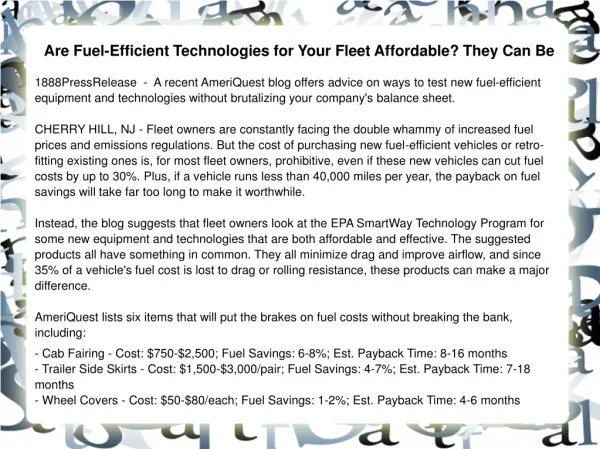 Are Fuel-Efficient Technologies for Your Fleet Affordable? T